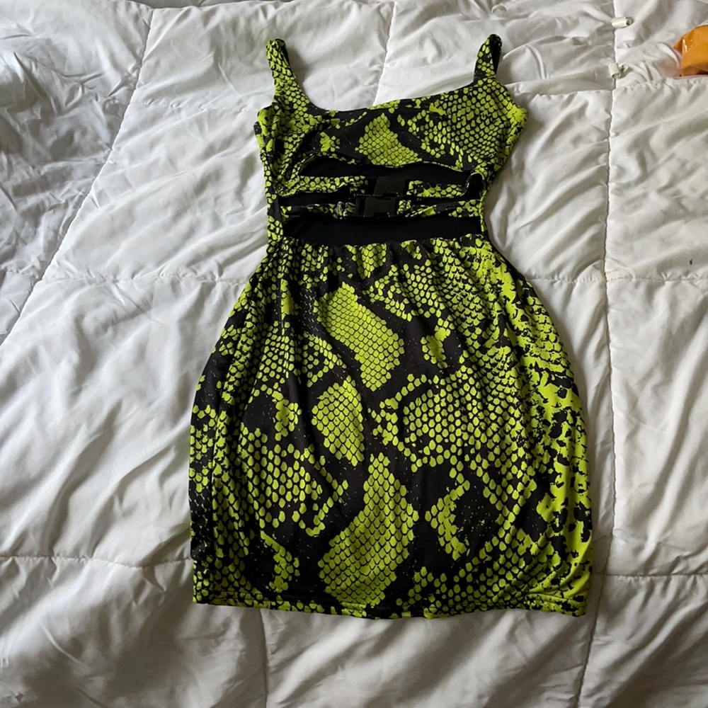 SNAKESKIN NEON BUCKLED- CUTOUT DRESS